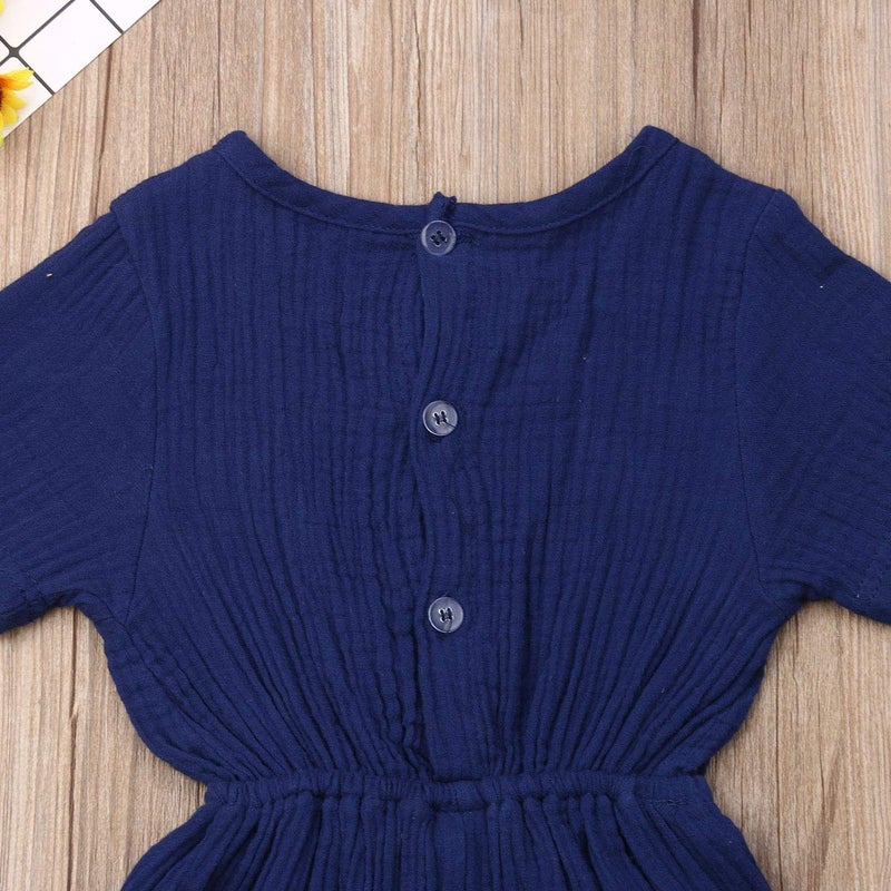 Mubineo Toddler Baby Girl Summer Fall Basic Plain Short Sleeve Cotton Linen Drawstring Romper Jumpsuit (Royal Blue, 2-3T) - Image 5